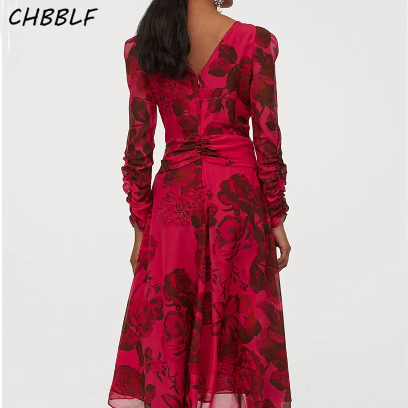 Платье женское средней длины с v-образным вырезом и пышными рукавами | Женская