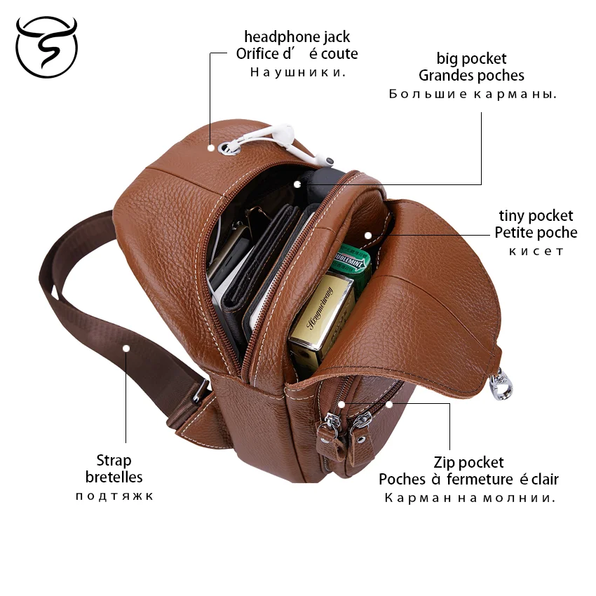 Genuine leather male and female single shoulder bag travelling multifunction double deck zipper brown coffee black