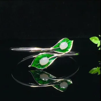 

925 sterling silver jade cuff bracelet inlaid with large green leaves natural hetian white jade bangles For women charms jewelry