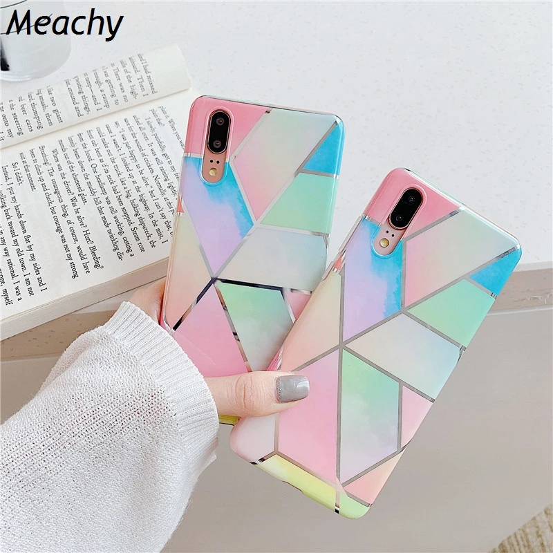

Electroplated Geometry Marble Phone Case for Huawei P20 P30 Pro Lite Luxury Soft IMD TPU Cases for Huawei Mate 20 Pro Lite Cover