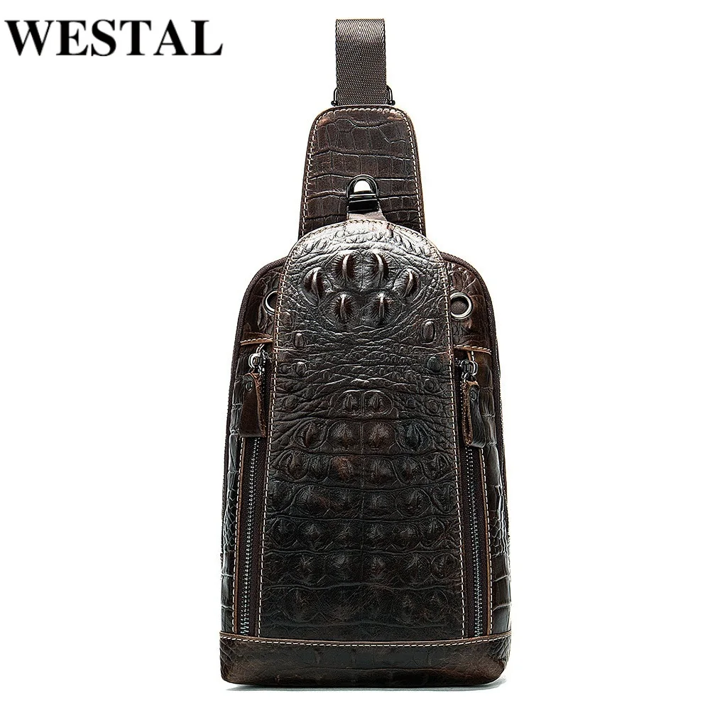 

WESTAL Messenger Bags Men Shoulder Bag Leather Man Sling Bag Croco Design Crossbody Bags for Men Chest Packs Genuine Leather 131