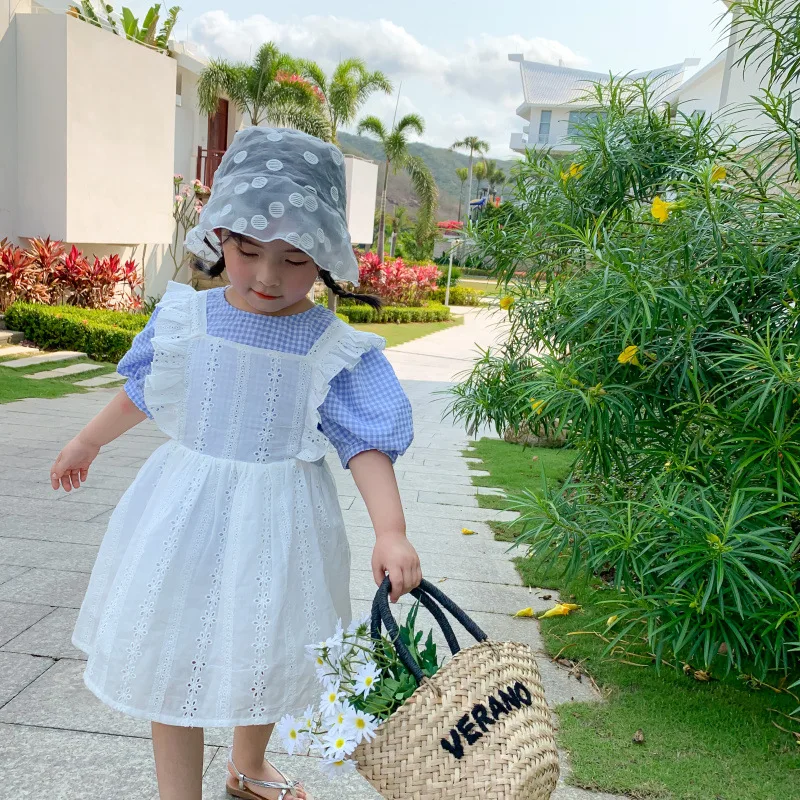 Baby Girls Summer Clothing Sets Plaid Blouses Lace Vest Dress 2pcs Korean Style Toddlers Kids Princess Outfits Cute Suits | Мать и