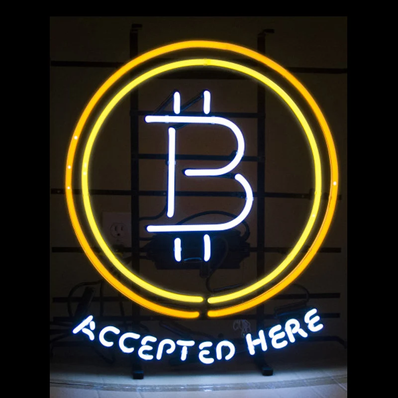 Биткоин доступен здесь неоновый знак сделанный на заказ реальная стеклянная