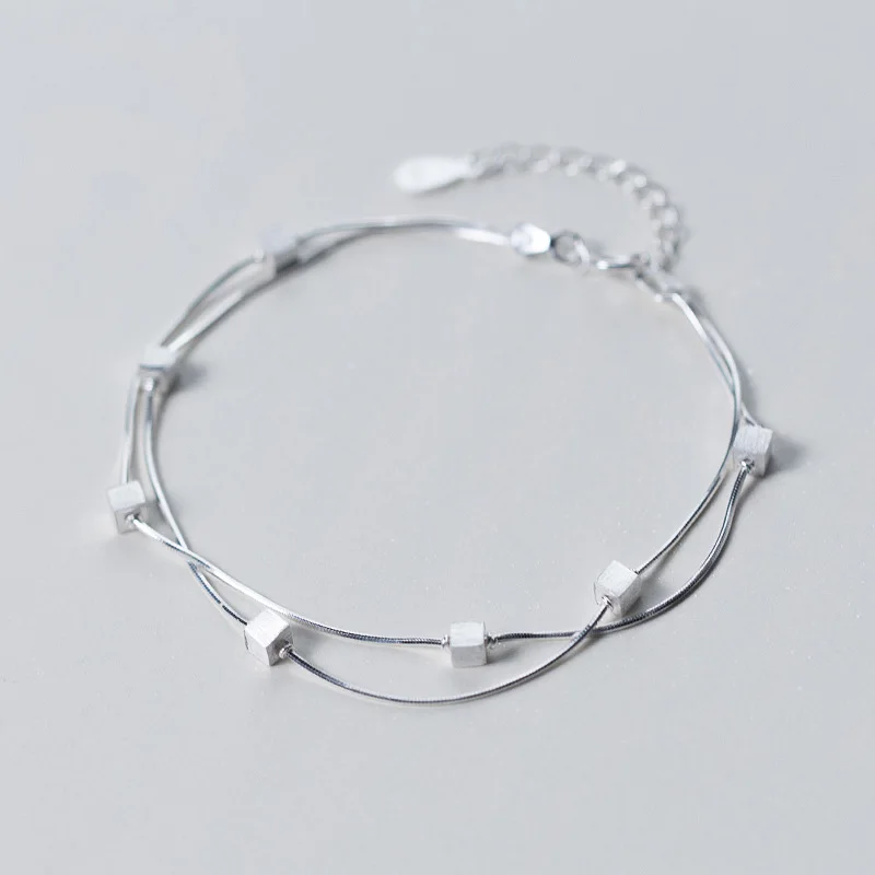 Новые Квадратные бусины из стерлингового серебра 925 пробы, очаровательные браслеты с двойной цепочкой, браслеты Pulsera, ювелирные изделия для женщин, подарки