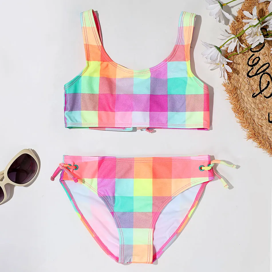 Children Swimsuit Girl Bikini Set Hollow Out Two Piece Colourful Plaid Bandage