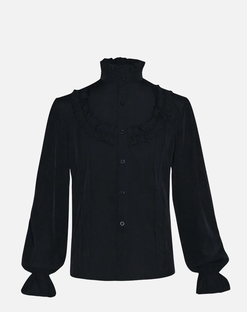 White Ruffles Stand Collar Lantern Sleeve Victorian Style Medieval Shirt Gothic Clothes Men Vintage Top Banquet Party Daily Wear