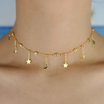 

Fashion Silver Color Choker Necklace for Women Short Slippy Star Moon Pendant Chain Necklace &Pendants Collar Gargantilha