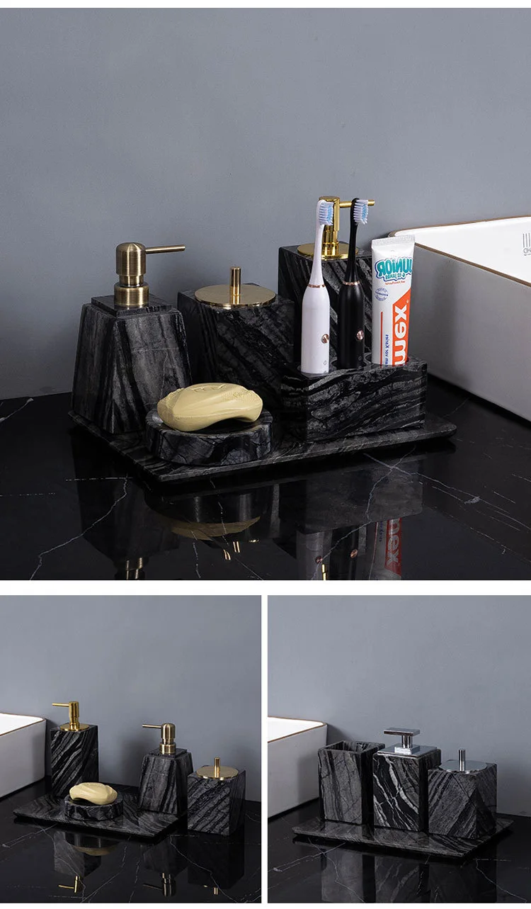 Ancient Wood Grain Marble Bathroom Soap Dispenser Toothbrush Holder Image 3
