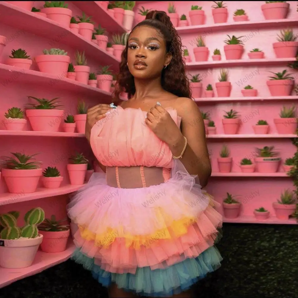 Rainbow Colorful High Low Tiered Tulle Dresses Women Off Shoulder Dress With Long Train Ruffle Girls Party Cocktail Formal Gowns