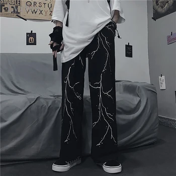 

Lychee Harajuku Women's Lightning Print Wide Leg Pants Fashion Lady High Waist Straight Pants Summer Casual Loose Long Pants