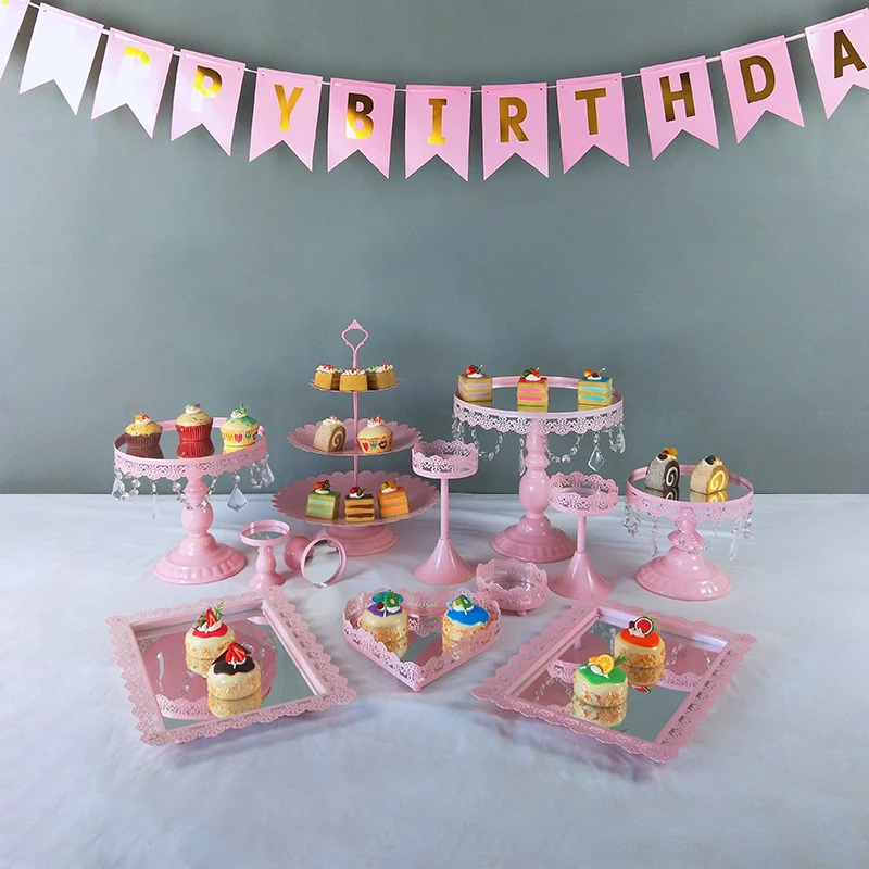 12 pcs mirror white Golden lace cake stand wedding cupcake stand set crystal candy bar decoration cake tools Cup cake bakeware - Цвет: 7pcs pink