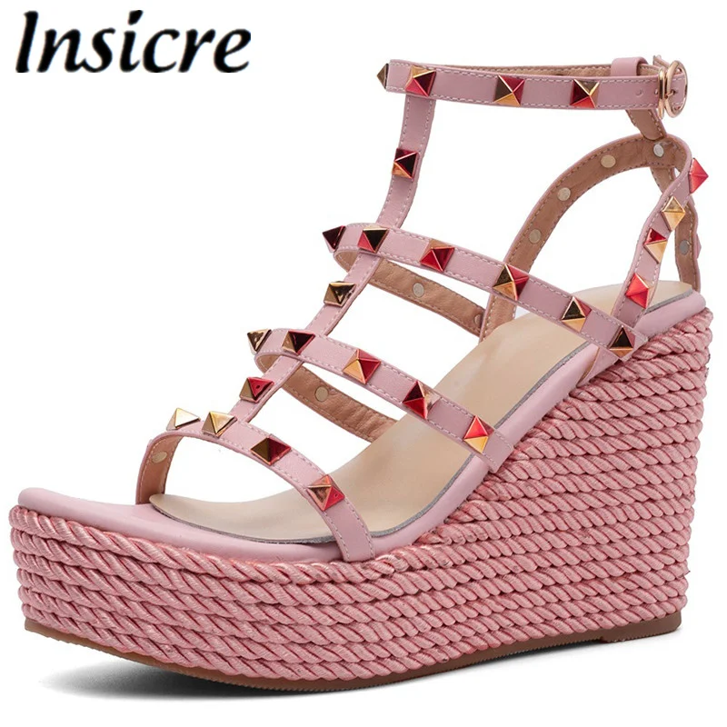 Cheap Insicre Platform High Heels Sandals Women Designer Open Toe Studded Solid Color Wedges Sexy Runway Party Shoes Pink Beige