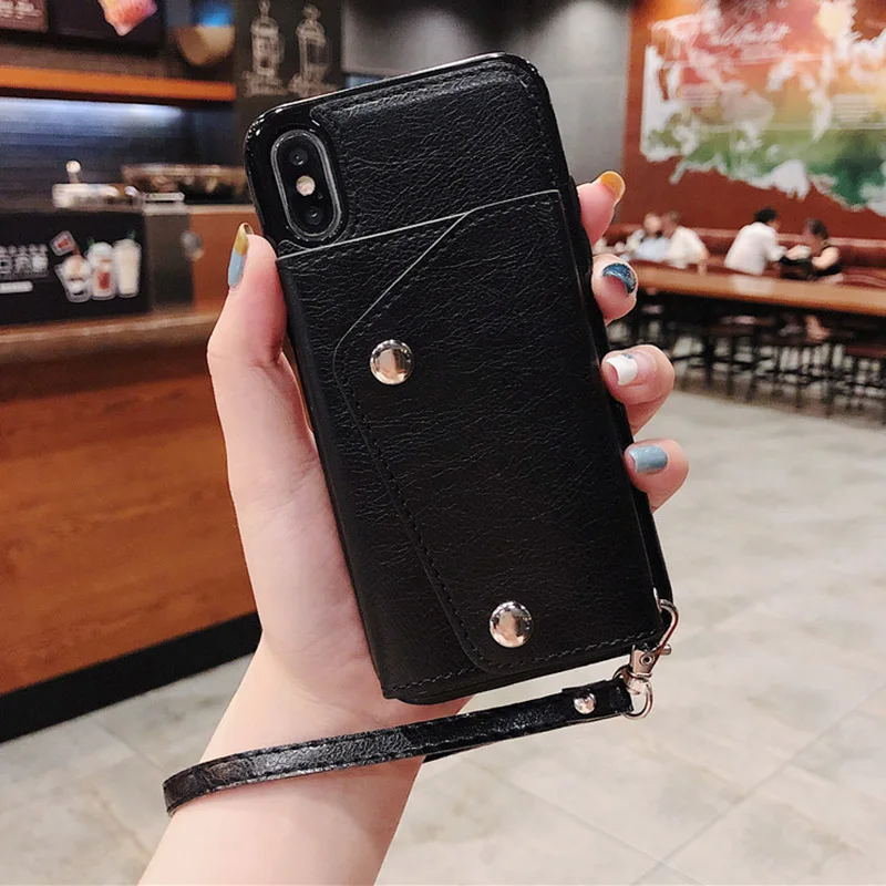 Fsshion кожаный чехол для телефона для iphone X XR XS Max 6 6s 7 8 Plus кошелек держатель для карт защитный чехол для телефона чехол s со шнурком - Цвет: Black