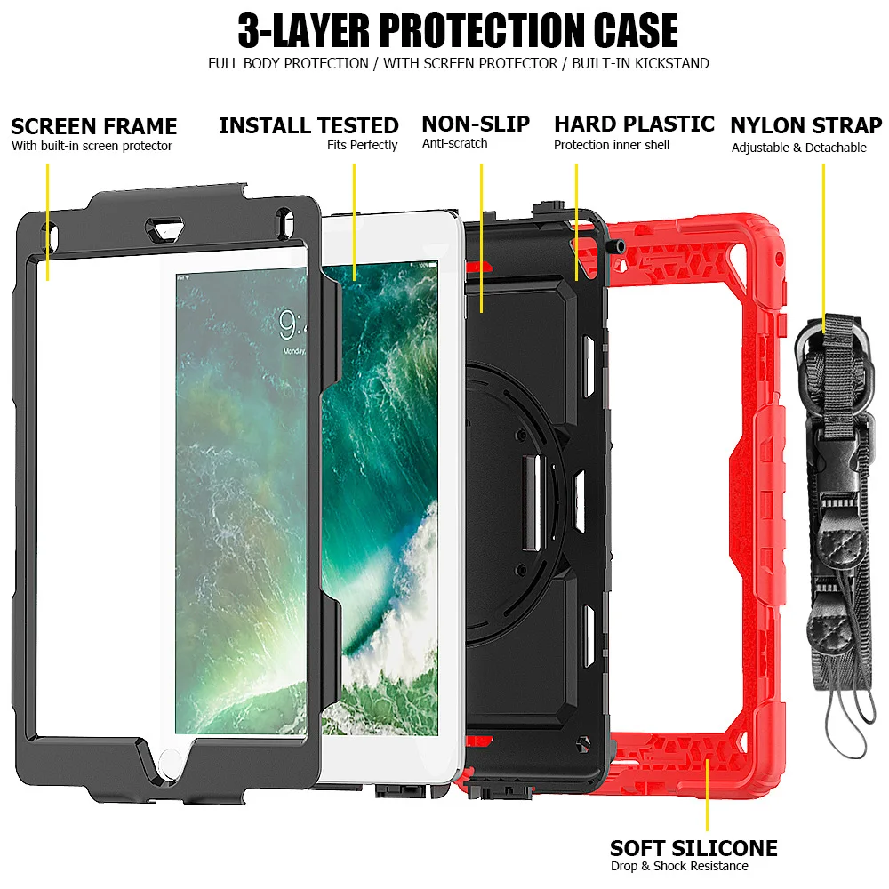 Case for Apple iPad 9.7 6th generation Tablet Kids Safe Shockproof Armor Cover Hand Strap Neck Strap for Air 2 Pro 9.7