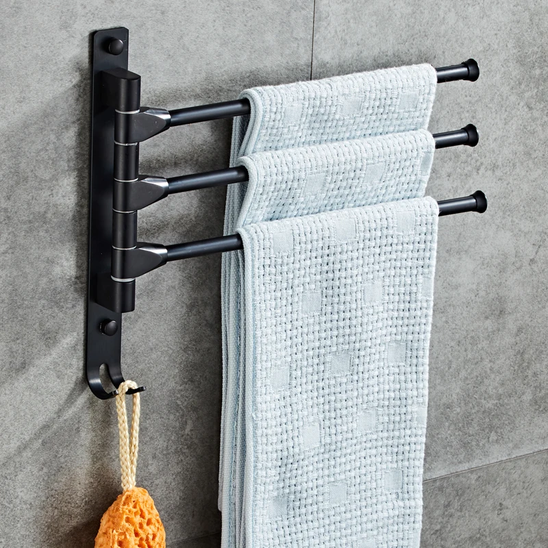 Поворотная вешалка для полотенец в ванную комнату черная алюминиевая на 2/3/4/5