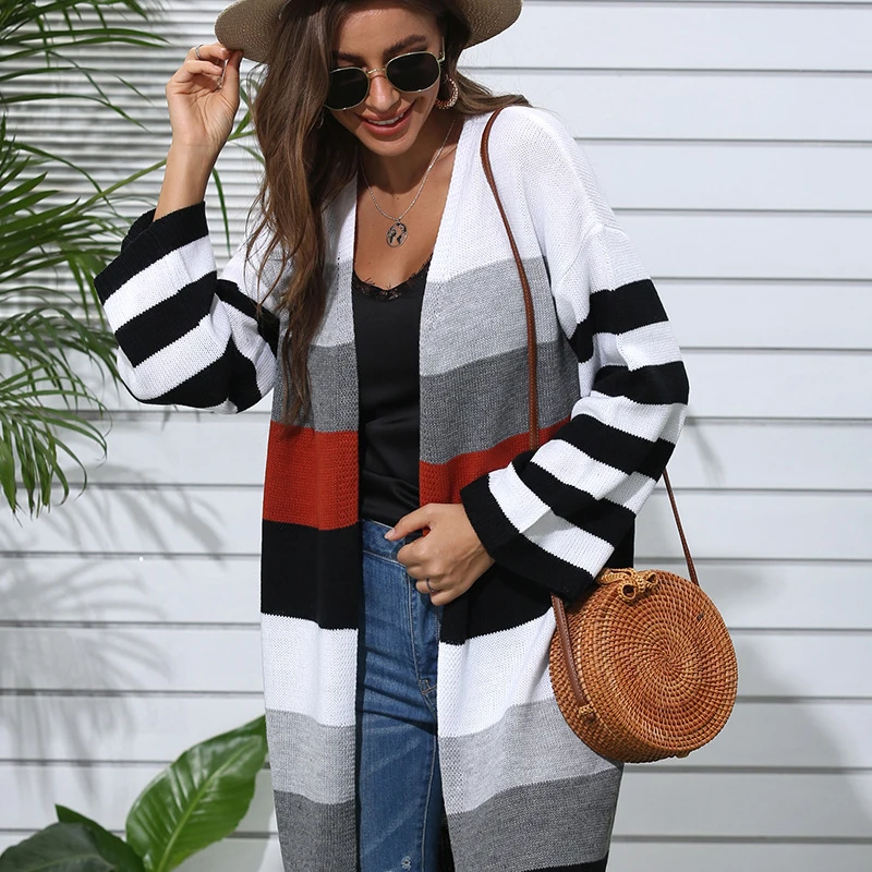 

New 2020 Women'S Cardigans Thick Stripes Female Oversize Sweater Autumn Winter Streetwear Elegant Knitted Cardigan Coats