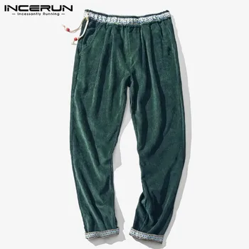 

INCERUN Fashion Men Casual Corduroy Pants Elastic Waist Ethnic Joggers Pantalones Hombre Streetwear Pockets Trousers Men 2020