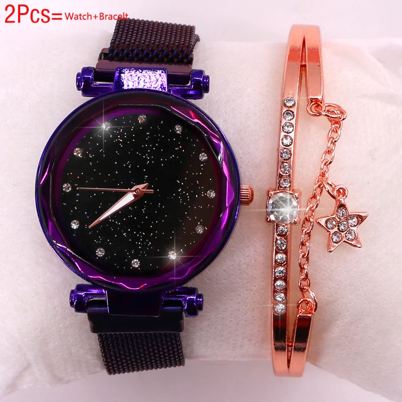 Purple Bracelet Женские часы, новинка, браслет, набор, женские часы, магнитные, звездное небо, часы с коробкой, кварцевые наручные часы, женские часы, Reloj Mujer - Цвет: Purple Bracelet