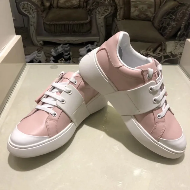 Euro Designer New Mixed Colors Square Buckle Womens Casual Leather Shoes Genuine Leather Round Toe Lace Up Increase Shoes