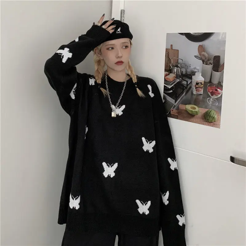 Gothic knitted top y2k streetwear Korean vintage casual butterfly print Oversized long-sleeved pullover autumn Harajuku punk Top cardigan for women