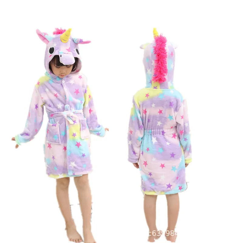 Rainbow flannel bathrobe cartoon pajamas animal hooded children's nightgownZQ137