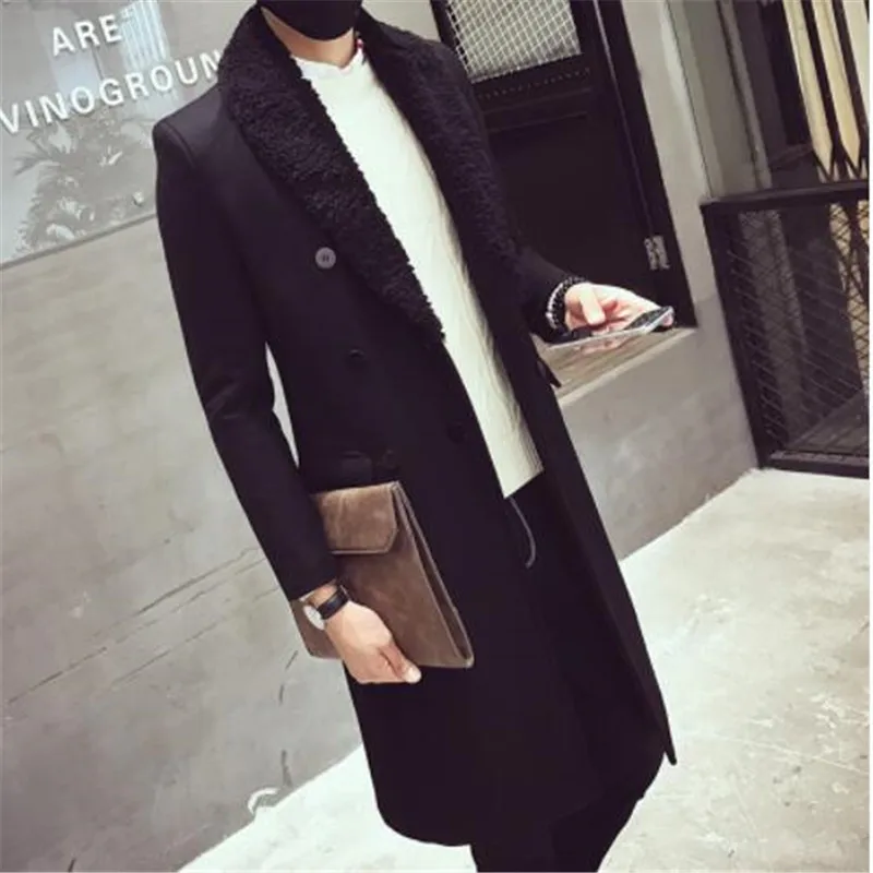 Long Trench Coats Mens Fur Collar Long Coats Double Breasted Gabardina Mens Overcoat Slim Fit Woolen Winter Jacket Vintage