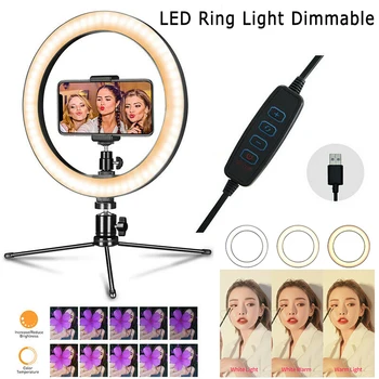 

Photography LED Selfie Ring Light Live Fill Light Camera Phone Ring Lamp 10inch With Table Tripods For Makeup Video Live Studio