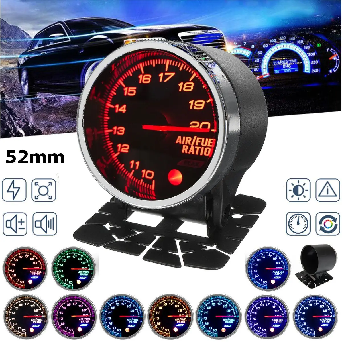 

2" 52mm Car Auto Air Fuel Ratio Gauge AFR Meter 10~20 LED Display Black Face 12V