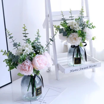

Modern Glass Vase+ Artificial Flower Home Livingroom Fgurines Accessorie Crafts Decoration Office Fake Peony Flower Pot Ornament