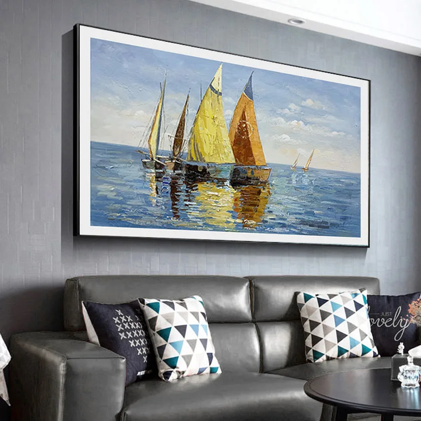

Modern abstract sailboat on the sea scenery wall art posters Handmade oil painting on canvas picture for living room bedroom