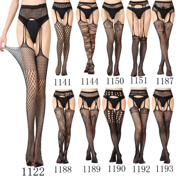

Women Sexy Fishnet Black Tights Jacquard Weave Pantyhose Yarns Garter Grid Fish Net Stockings