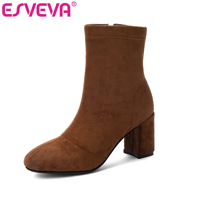

ESVEVA 2020 Flock Basic Women Shoes Winter Ankle Boots Pointed Toe Zipper Platform Square High Heel Fashion Boot Size 34-43