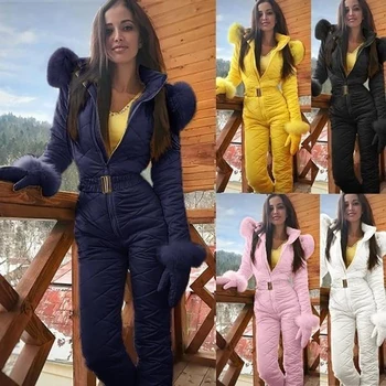 

BKLD Keep Warm Winter Women Fashion Outdoor Climb Ski Snowsuit Sashes Zipper Long Sleeve Hoodie Jumpsuit Female Faux Fur Outwear