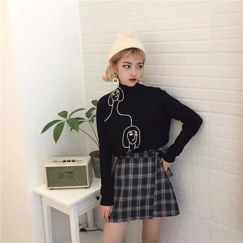 Geometric Face Embroidery Sweaters Character Women Mock Neck Long Sleeve Soft Pullover Sweater
