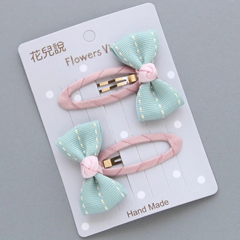 Chiffon Bowknot Unique BB Clip Grid 2PCS/Set Handmade For Girls Kids Hair Accessories With Ribbon Covered Satin Stripe