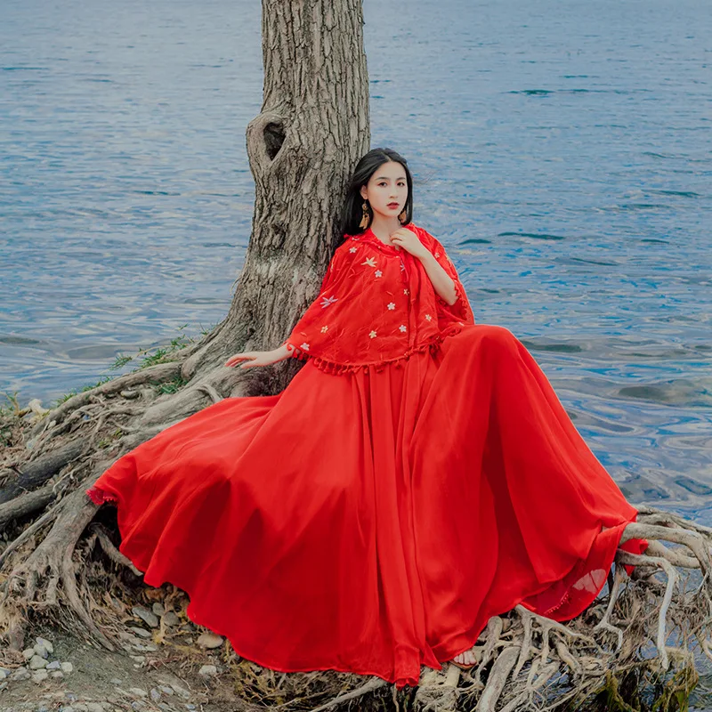

Retro Literature And Art Wind Improved Chinese Clothing Mid-length Tassels Shawl Cloak Embroidery Two-Piece Dress