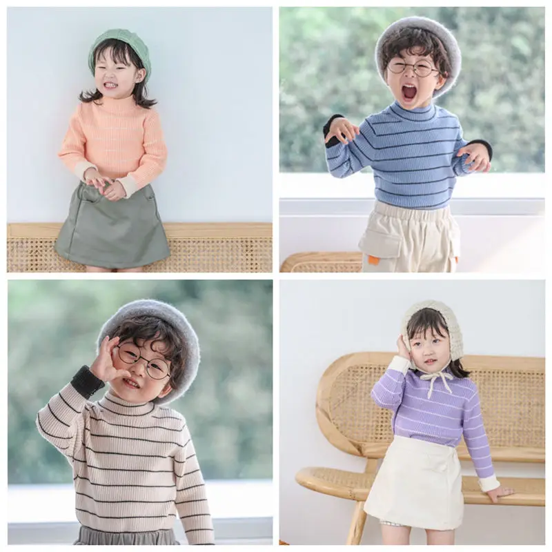 

Mission Cuckoo 19 Years Autumn And Winter New Style CHILDREN'S Striped Sweater Children Core-Spun Yarn Half-Turtle-Neck Elastici
