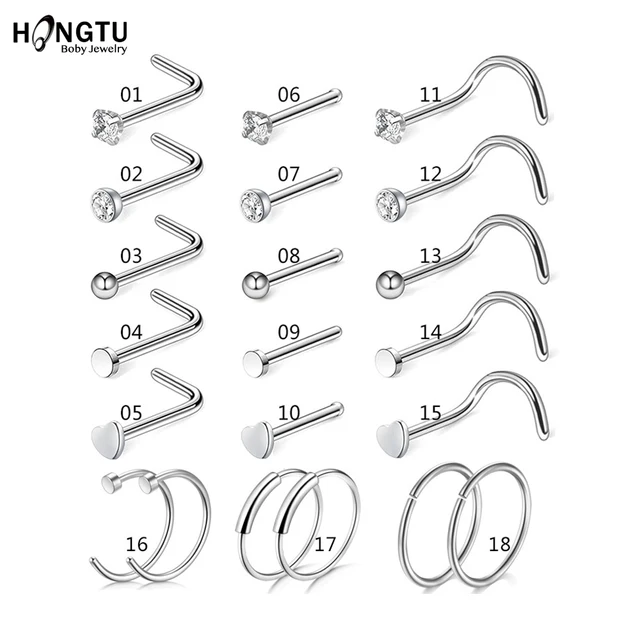 HONGTU Stainless Steel Nose Ring Studs Hoop for Women 20g Nose Ring CZ L Shape Nose Piercing Septum Piercing Body Jewelry Gift 21PCS