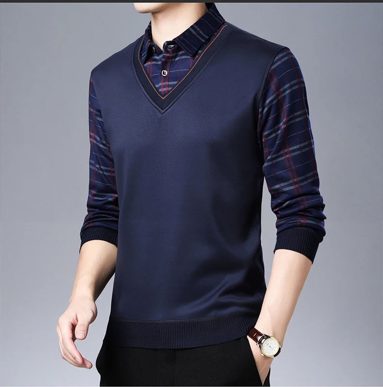 Повседневная поддельная рубашка поло из двух частей, мужская рубашка из джерси в клетку, мужские зимние толстые теплые рубашки поло, модная одежда 02104