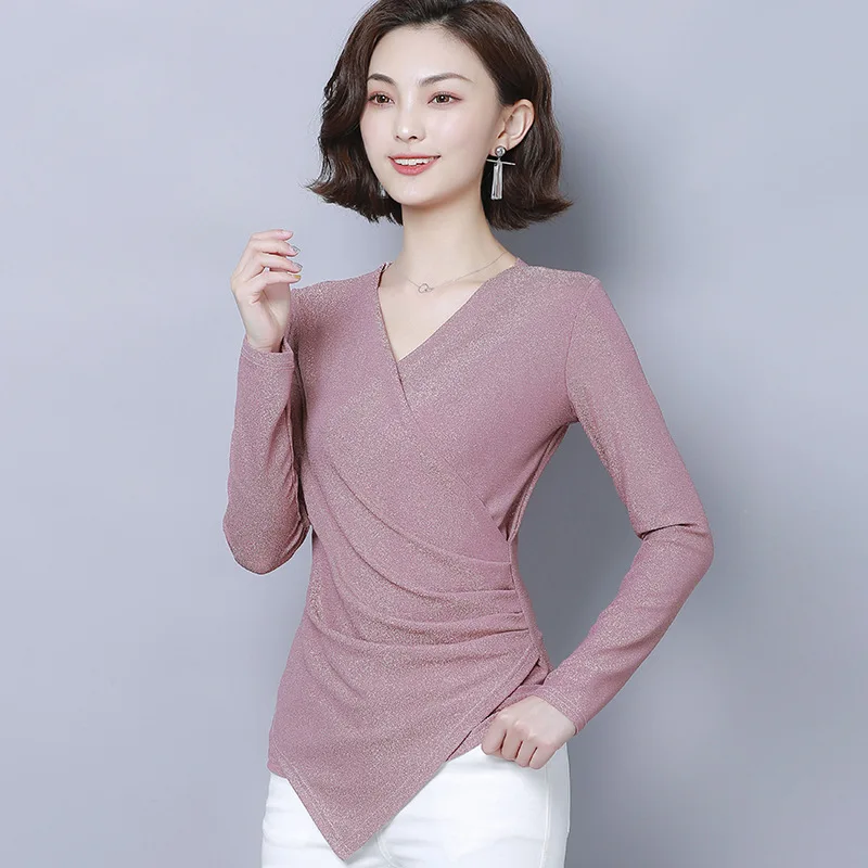 

Liangsi Gauze Base Shirt Women's Long-Sleeve Versatile Large Size Dress Slim Fit Slimming Cross V-neck T-shirt Fashion Tops Fash