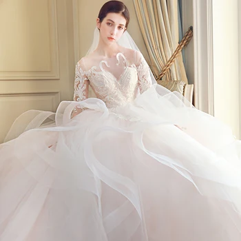 

Bridal WEDDING gown lace up O NECK wedding dresses LONG SLEEVE PLUS SIZE anniversary ceremony Muslim wedding DRESS with train