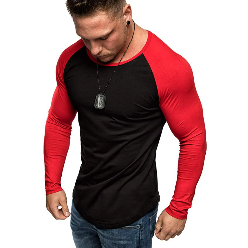Men Pure Color O-Neck Splicing Long Sleeve Shirt Fashion Long Sleeve Blouse Top Winter Fashion Mens 2019