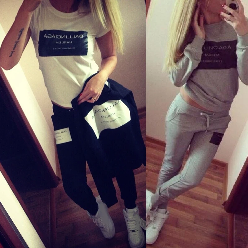 

2019 New Fashion 2 Piece/Set Women Tracksuit Summer And Autumn Clothes Letters Printed Sportswear Two Pieces Set Tops Long Pants