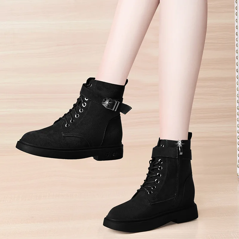 

Dunhu 2019 Winter New Style round Low Heel Boots Waterproof Platform Inner Height Increase Short Boots Side Zipper WOMEN'S Shoes