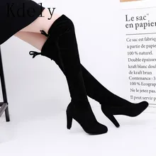 Женские ботинки из искусственного Женские Замшевые Сапоги выше колена на шнуровке Женские пикантные туфли на высоком каблуке; женские узкие ботфорты выше колен; Botas; большие размеры 35-43 Сапоги до бедра