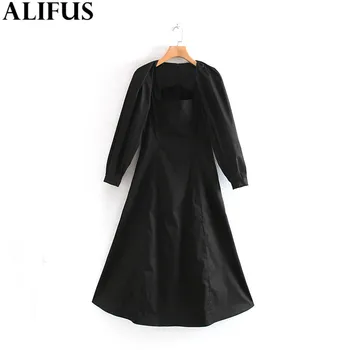 

Fashion Za Women Dress 2019 Autumn Solid Color Chic Square Collar Full Sleeve Casual Long Loose Dresses Female Ladies Vestidos
