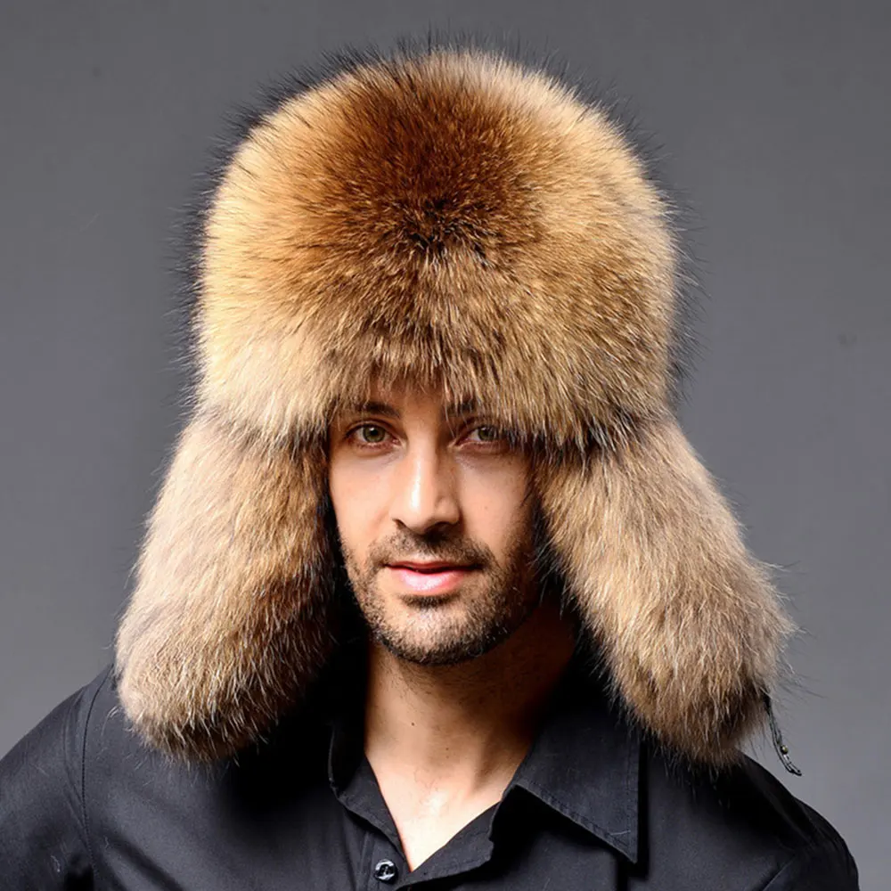 High Quality Mens Real Rabbit Fur Winter Hats Lei Feng hat With Ear Flaps Warm Snow Caps Russian Hat Bomber Cap