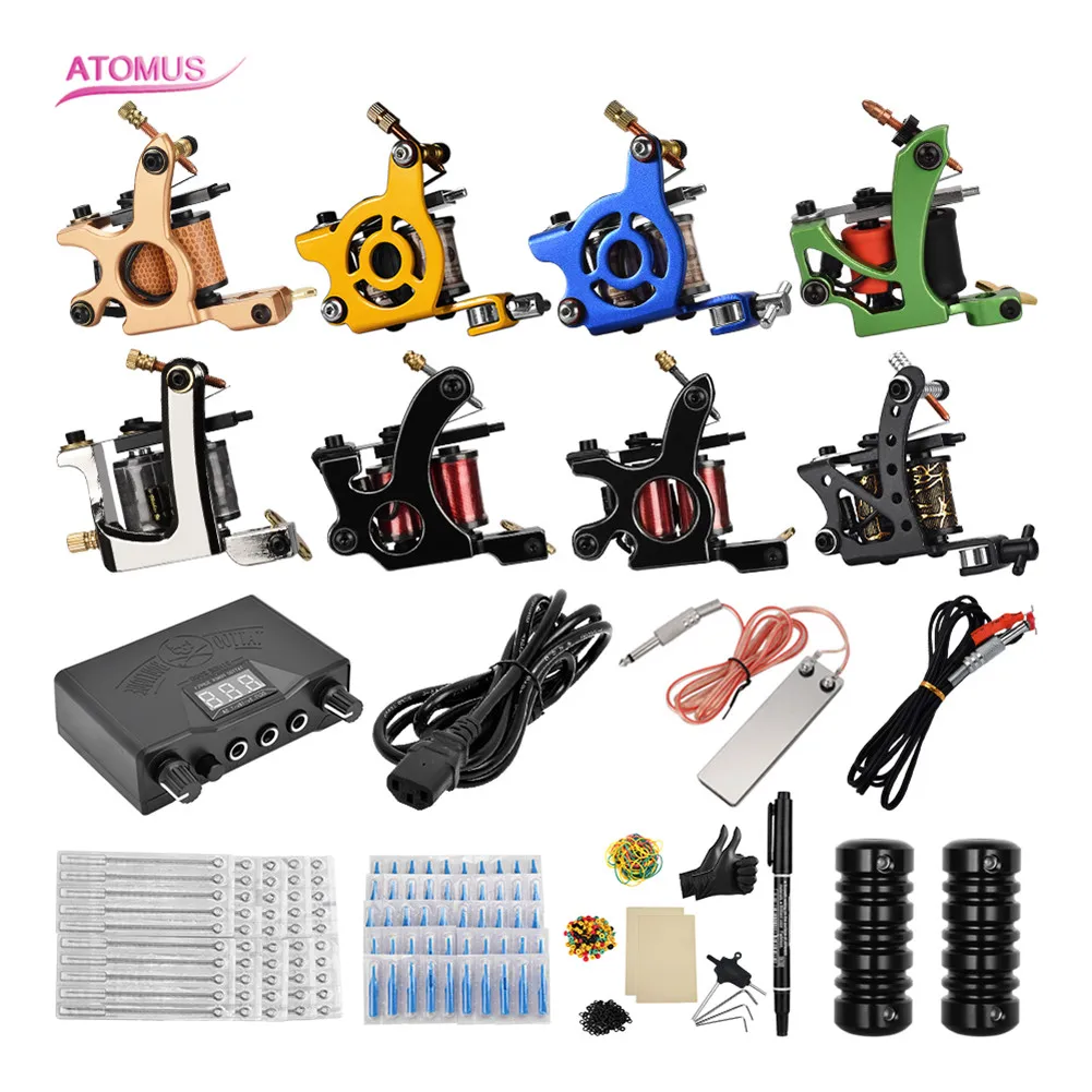 

Complete Tattoo Machine Kit 8/10 Wrap Coils Guns Pigment Sets Power Supply Tattoo Beginner Grips Permanent Makeup Liner Shader