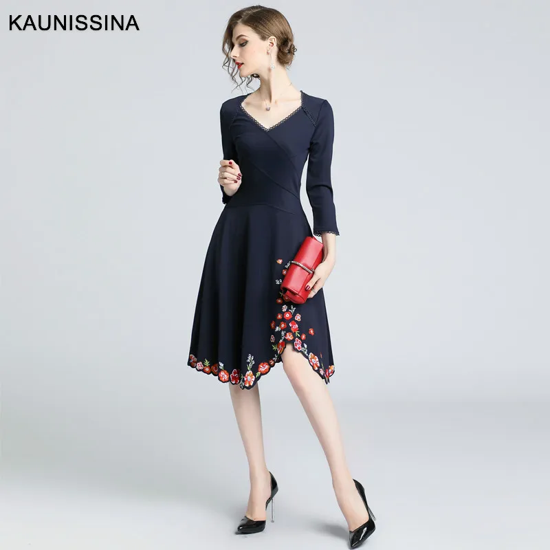 KAUNISSINA новые осенние коктейльные платья для женщин с вышивкой винтажное платье для выпускного вечера Дамское Платье с v-образным вырезом эластичное миди Vestidos