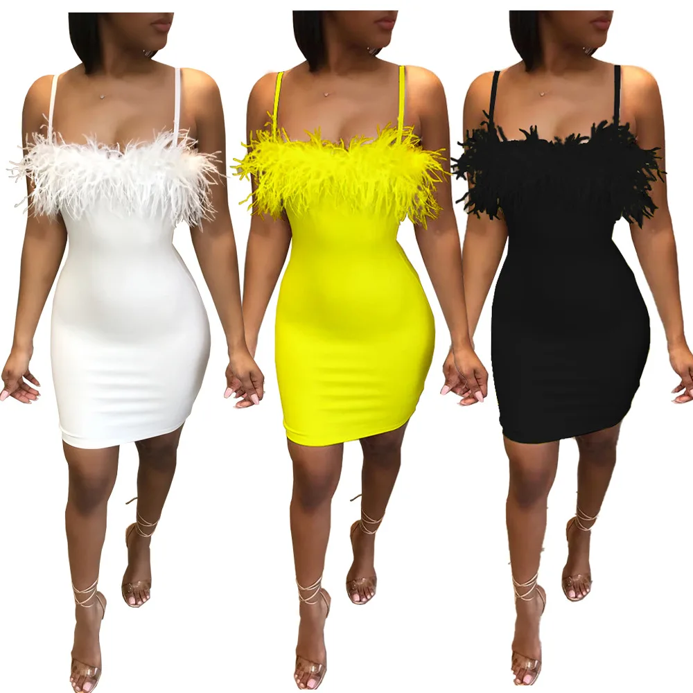 

Sexy Bodycon Sheath Dress Sleeveless Feather Spaghetti Straps Elastic Party Dresses Street Elegant Tight Dress Vestidos